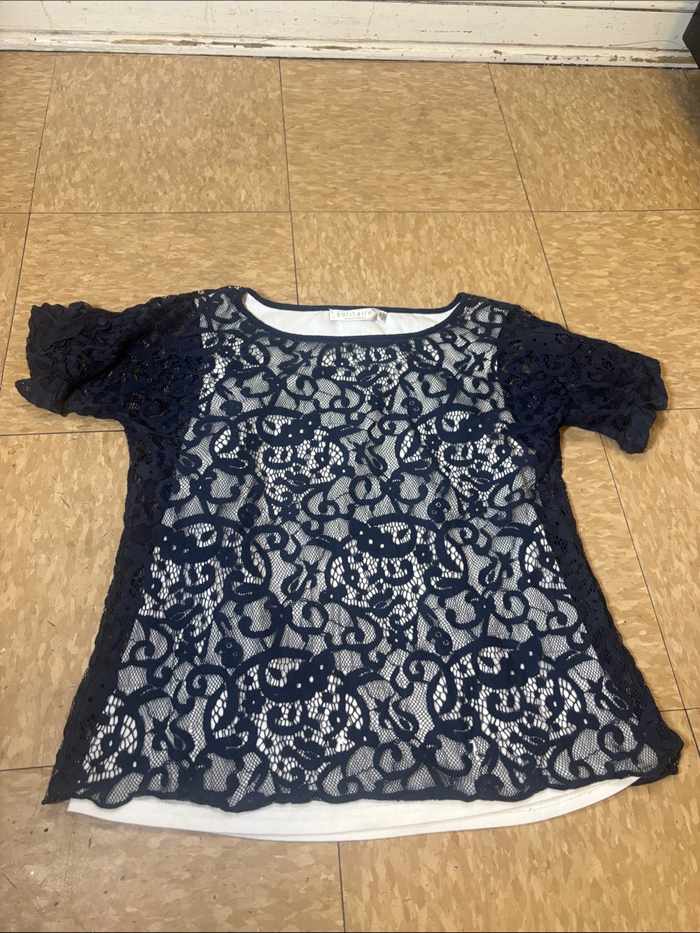 Solitaire Navy Lace Overlay Blouse with White Lining